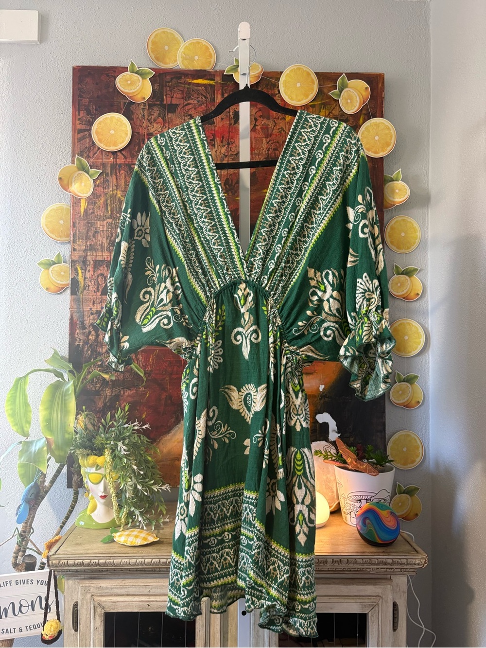 Green Printed V-Neck Boho Dress Size L
